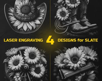 Western Laser Engraving PNG Bundle - Cowboy Sunflower Slate Coasters Designs Digital Download for Glowforge & LightBurn, Commercial Use Too