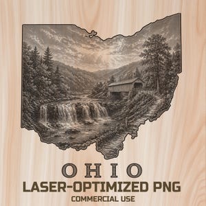 May include: A sepia-toned illustration of Ohio's outline, featuring a waterfall, covered bridge, and rolling hills. The word "OHIO" is at the bottom, along with "LASER-OPTIMIZED PNG" and "COMMERCIAL USE". The image is set against a light wood grain background.