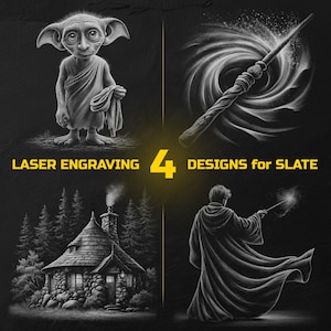 Könnte beinhalten: Schwarz-Weiß-Illustrationen von vier Designs für die Lasergravur auf Schiefer. Die Designs umfassen eine Fantasiefigur, einen Zauberstab mit wirbelnder Magie, ein Cottage in einem Wald und einen Zauberer, der einen Zauberspruch wirkt. Text: "LASER ENGRAVING 4 DESIGNS for SLATE."