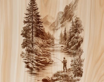 Mountain Fly Fishing Wood Sign PNG | Fisherman Laser Engraving File | Outdoor River Fishing Decor