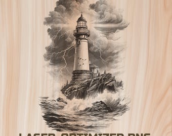 Arquivo digital para gravação a laser em madeira de farol - Desenho de queima de madeira com tema de tempestade para corte artístico e tábua de charcutaria, uso comercial.