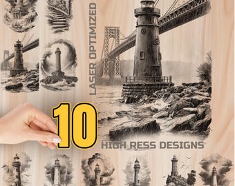 Pacote de gravação a laser em madeira com farol - Download digital - Desenho para pirografia em madeira para corte artístico e tábua de charcutaria, uso comercial.