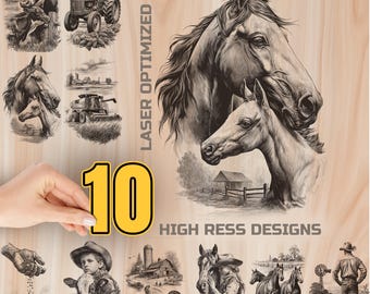 May include: A collection of ten black and white farm-themed illustrations, including horses, cows, a tractor, and a farmer. The text "LASER OPTIMIZED" and "HIGH RESS DESIGNS" are also visible. The images are displayed on a light wood grain background.