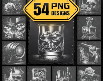 Whiskey Laser Engraving PNG Bundle -Bar and Spirits Slate Coasters Designs Digital Download for Glowforge & LightBurn, Commercial Use Too