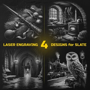 May include: Black and white illustrations of four designs for laser engraving on slate. Designs include a wand with Christmas ornaments, a cozy room with a fireplace, a gothic archway, and an owl with a train. Text reads "LASER ENGRAVING 4 DESIGNS for SLATE."