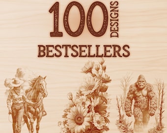 May include: A digital graphic featuring the text COMMERCIAL USE INCLUDED 100 DESIGNS BESTSELLERS in brown. Below the text are three illustrations: a person in a cowboy hat walking with a horse, a large bouquet of sunflowers, and a standing Bigfoot.