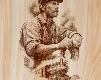 May include: A brown-toned wood engraving featuring a detailed portrait of a train engineer wearing a cap with goggles, positioned above a steam locomotive pulling passenger cars on tracks, with clouds of smoke billowing in the background.