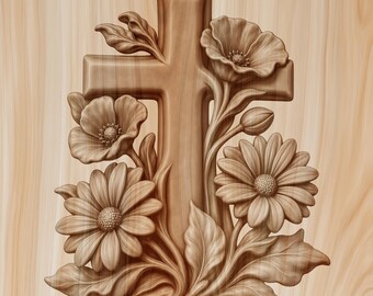 May include: A light brown wooden wall plaque featuring a central cross relief carving surrounded by detailed floral elements including two large daisy-like flowers, a poppy-like flower, a flower bud, and several leaves with a smooth wood grain finish.