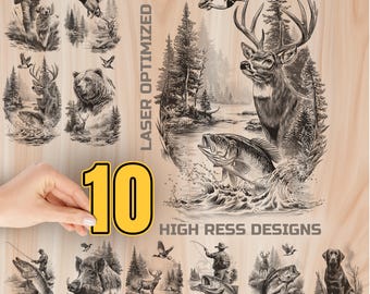 Hunting Fishing Wood Laser Engraving Bundle Digital Download - Burning Design for Art Cutting & charcuterie board, Commercial Use
