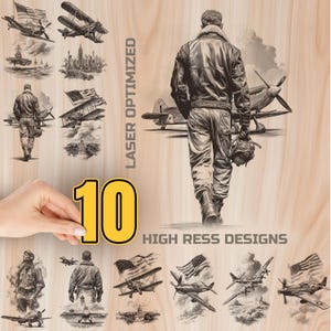 May include: A set of ten aviation-themed designs, including vintage aircraft, pilots, and American flags. The designs are in monochrome, with a focus on detail and historical accuracy. The phrases "Laser Optimized" and "High Ress Designs" are also visible.