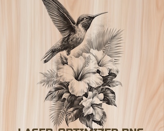 May include: Black and white illustration of a hummingbird in flight above hibiscus flowers and tropical foliage. The image is set against a wood grain background. Text at the bottom reads "LASER-OPTIMIZED PNG COMMERCIAL USE."