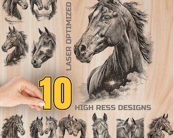 Horses Wood Laser Engraving Bundle Digital Download - Mustang Holz Burning Design for Art, Charcuterie and Cutting Board, Commercial Use