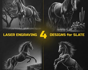 Puede incluir: Cuatro diseños de caballos en blanco y negro para grabado láser en pizarra. Cada diseño presenta una pose diferente de un caballo, con el texto "LASER ENGRAVING 4 DESIGNS for SLATE".