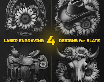 May include: Four grayscale designs for slate laser engraving. The designs include a horseshoe, cowboy hat, saddle, and bull skull, each adorned with sunflowers. The text reads "LASER ENGRAVING 4 DESIGNS for SLATE."