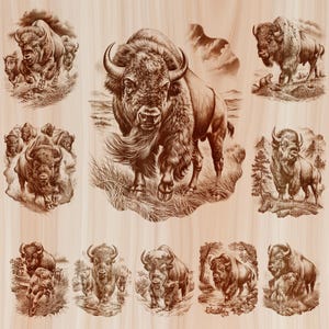 May include: A wooden surface featuring multiple brown-toned laser-engraved illustrations of American bison in various natural settings, including grassy plains, mountainous landscapes, and wooded areas, showcasing the animals in motion and standing.