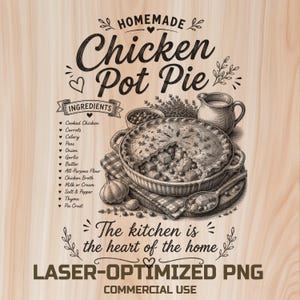 Könnte beinhalten: Detaillierte Illustration eines hausgemachten Chicken Pot Pie mit Zutatenliste. Das Bild zeigt eine Auflaufform, einen Krug und den Text "Die Küche ist das Herz des Hauses". Das Bild ist laseroptimiert für den kommerziellen Gebrauch.