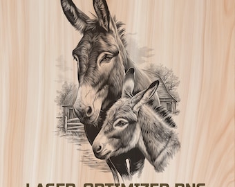 May include: A detailed black and white illustration of two donkeys, one adult and one juvenile, set against a backdrop of a barn and fence. The image is labeled "LASER-OPTIMIZED PNG COMMERCIAL USE".