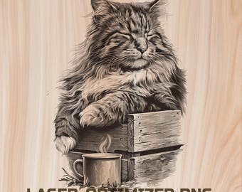 May include: A detailed illustration of a relaxed cat with closed eyes, resting on a wooden crate. A steaming mug sits in front of the crate. The image includes the text "LASER-OPTIMIZED PNG" and "COMMERCIAL USE".