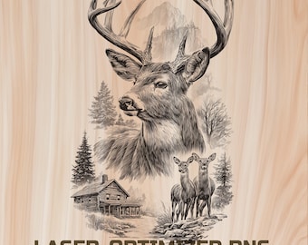 Arquivo para gravação a laser em madeira de veado selvagem em floresta montanhosa - Download digital para Glowforge e XTool, uso comercial.