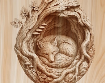 May include: A circular wooden wall carving featuring a fox curled up asleep inside a hollow tree trunk. The detailed relief shows textured bark, gnarled roots, small mushrooms growing on the side, and delicate leaves attached to the upper branches.