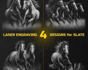 Puede incluir: Cuatro diseños de caballos en escala de grises para grabado láser en pizarra. Cada diseño presenta caballos corriendo en varios entornos, incluyendo campos de hierba y agua. También se incluye el texto "LASER ENGRAVING" y "4 DESIGNS for SLATE".
