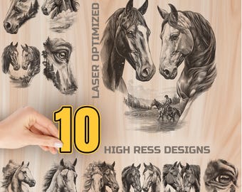 Horses Wood Laser Engraving Bundle Digital Download - Mustang Holz Burning Design for Art, Charcuterie and Cutting Board, Commercial Use
