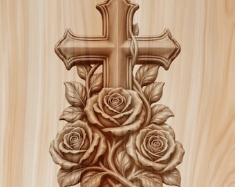 May include: A light brown wooden wall plaque featuring a carved cross centered behind three blooming roses with detailed petals and leaves. The design is rendered in a monochromatic wood grain texture with relief carving throughout the piece.