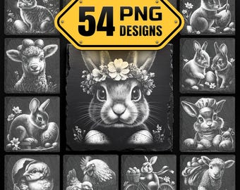 May include: A set of 54 PNG designs with Easter illustrations. The designs include rabbits, lambs, chicks, and a rooster, all in grayscale. A yellow sign in the centre reads "54 PNG DESIGNS".