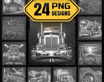 May include: A collection of 24 black and white digital illustrations featuring semi-trucks and interior cab views. The images include detailed depictions of truck exteriors, steering wheels, dashboards, and road scenes, presented as PNG files.