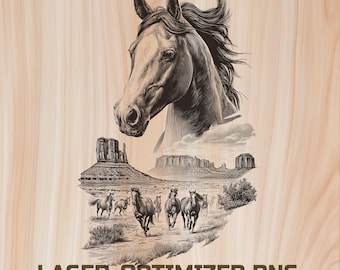 Arquivo para gravação a laser em madeira de cavalos do Oeste - Mustang - Download digital para Glowforge e XTool, uso comercial.