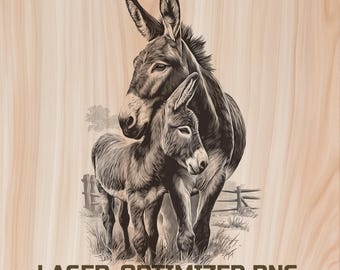 May include: A sepia-toned illustration of two donkeys, an adult and a foal, standing close together. The adult donkey stands behind the foal, with its head resting near the foal's. The image includes the text "LASER-OPTIMIZED PNG" and "COMMERCIAL USE".