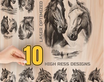 Horses Wood Laser Engraving Bundle Digital Download - Mustang Holz Burning Design for Art, Charcuterie and Cutting Board, Commercial Use