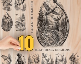 Hunting Fishing Wood Laser Engraving Bundle Digital Download - Burning Design for Art Cutting & charcuterie board, Commercial Use