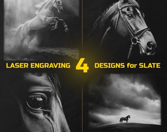 Puede incluir: Imagen en blanco y negro que muestra cuatro diseños de caballos para grabado láser en pizarra. Los diseños incluyen un caballo encabritado, una cabeza de caballo, un primer plano del ojo de un caballo y un caballo en una colina. También está presente el texto "LASER ENGRAVING 4 DESIGNS for SLATE".