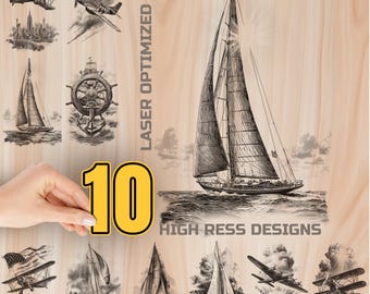 Vintage Sailing and Aviation Wood Laser Engraving Bundle - See life Burning Designs for Cutting board
