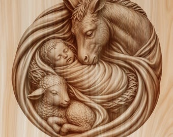 May include: A circular wooden wall plaque featuring a detailed relief carving of a horse, a swaddled infant, and a lamb nestled together. The natural wood grain is visible throughout the artwork, highlighting the intricate textures of the figures.