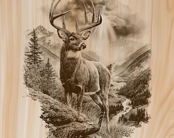 May include: A light brown wood panel featuring a detailed dark brown laser-engraved illustration of a large buck standing on a rocky outcrop. The scene includes a mountain range, a winding river, evergreen trees, and a cloudy sky with sunbeams.