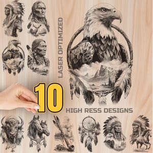 Pode incluir: Uma coleção de dez designs de alta resolução com imagens nativas americanas. Os designs incluem retratos de nativos americanos, águias, apanhadores de sonhos, cavalos e um búfalo. O texto "Laser Optimized" e "High Ress Designs" também é visível.