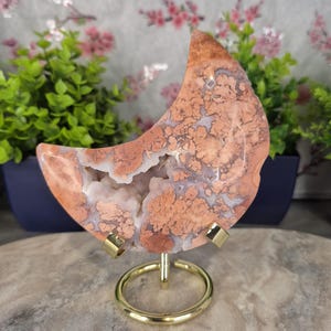 Natural Crystal Cotton Candy Agate Crescent Moon – Healing stone & Gemstone Gift on Gold Stand