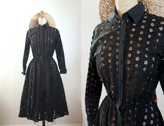50s black eyelet dress || long sleeve circle eyele