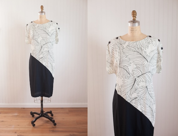 80s colorblock palm frond dress // vintage womens clothing // vintage black white floral foliage dress size medium
