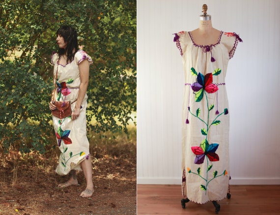 vtg cotton handmade embroidered mexican dress - m/