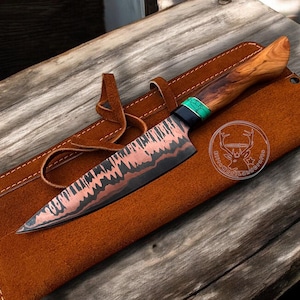 Handmade Copper Damascus Chef Knife: real turquoises stone , black raisin ,natural olive Wood Handle, kitchen knife, Birthday gift for him