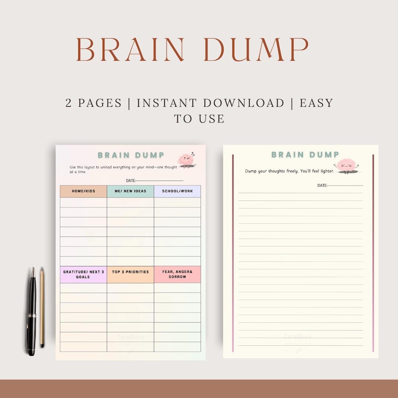 Brain Dump Worksheet | Mind Declutter Printable (2 Sheets PDF) - Etsy