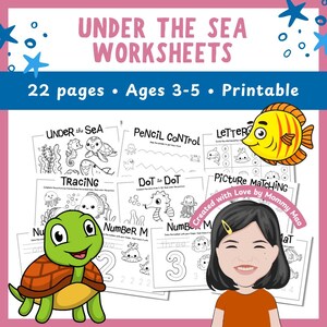 May include: A set of printable "Under the Sea Worksheets" for children aged 3-5, featuring a cartoon turtle and fish. The worksheets include 22 pages of activities such as tracing, dot-to-dot, and picture matching exercises.