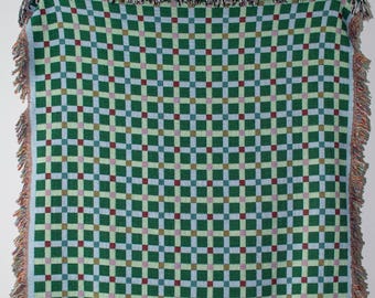 Green Tattersall Gingham Blanket, Plaid MidCentury Woven Green and Blue Throw, Checkered and Striped, Cotton
