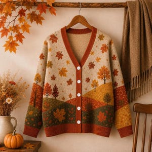 May include: A beige V-neck cardigan featuring a knit pattern of autumn landscapes with rolling hills, trees, and falling maple leaves in shades of orange, red, and green. The garment has a solid rust-colored trim along the button placket and cuffs.