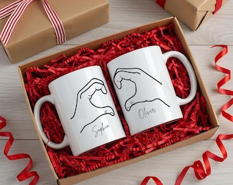 Matching Heart Hands Coffee Mug – Personalized Couple Mug Set, Custom Name Mug for Couples, Anniversary Gift, Valentine’s Day Gift