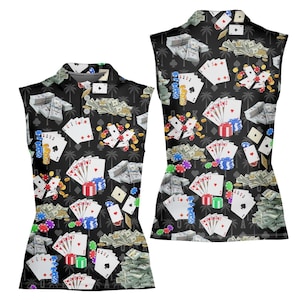 May include: Sleeveless black polo shirt with a poker-themed pattern. The design includes playing cards, stacks of money, poker chips, and palm trees. The shirt has a collared neckline and a buttoned placket.
