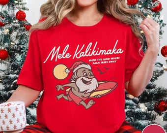 Retro Mele Kalikimaka Christmas Shirt, Surfing Santa Vacation Tee